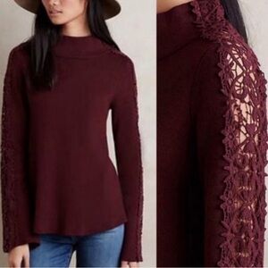 Anthropologie Knitted and Knotted Burgundy Sweater with Lace Detail